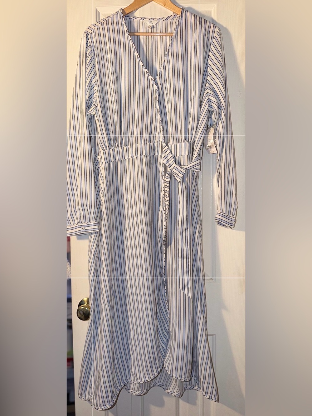 Time and Tru Blue and White Striped Long Sleeve Wrap Dress